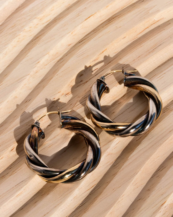 Gold & Silver Twisted Hoop Earrings 14K Gold